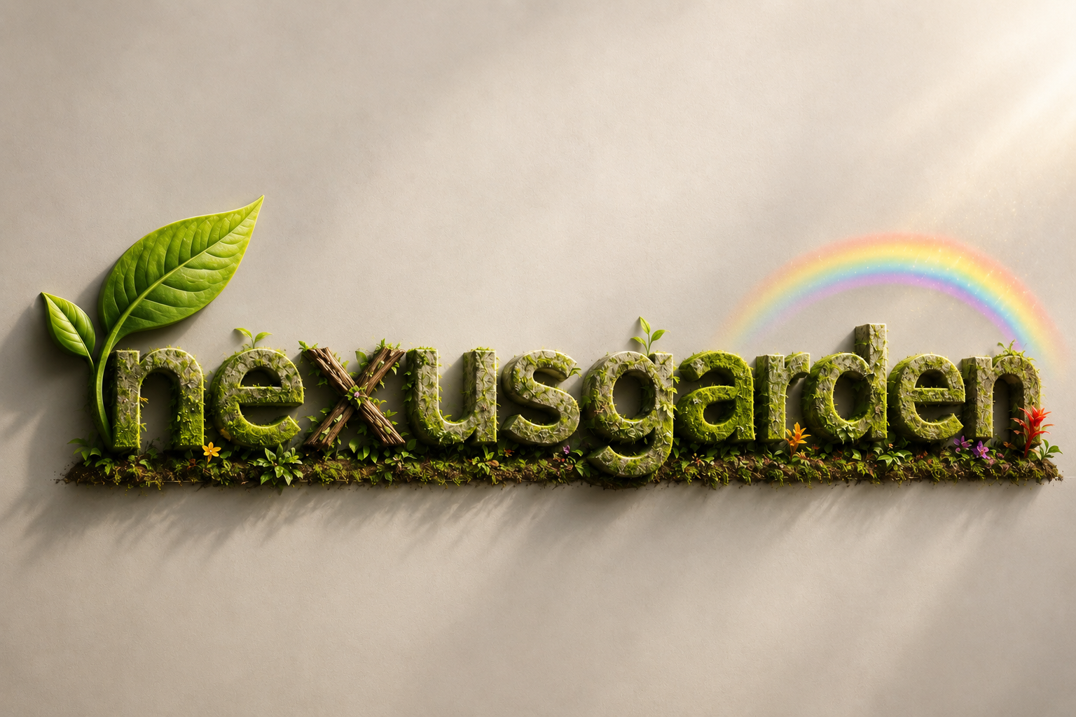 NexusGarden garden-inspired banner with leaves, flowers, and a rainbow